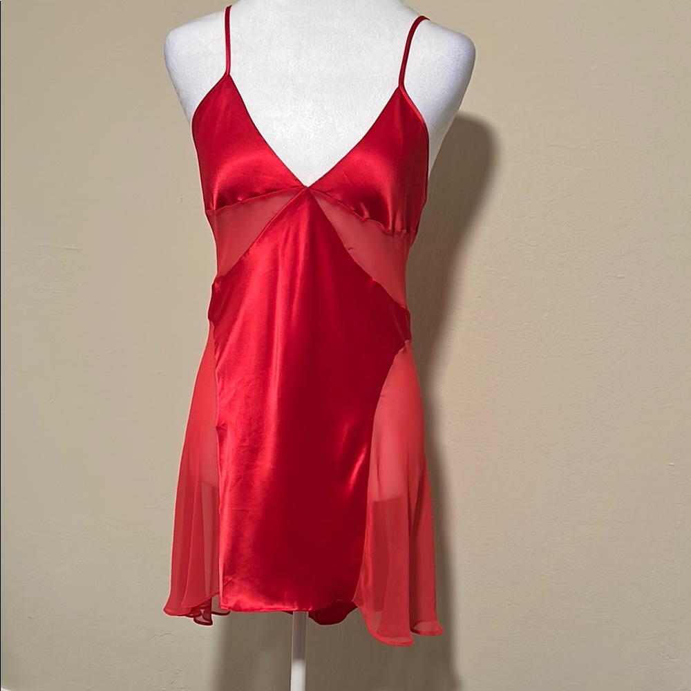 Beautiful Red Satin Sheer Slip Chemise, VS Size Small